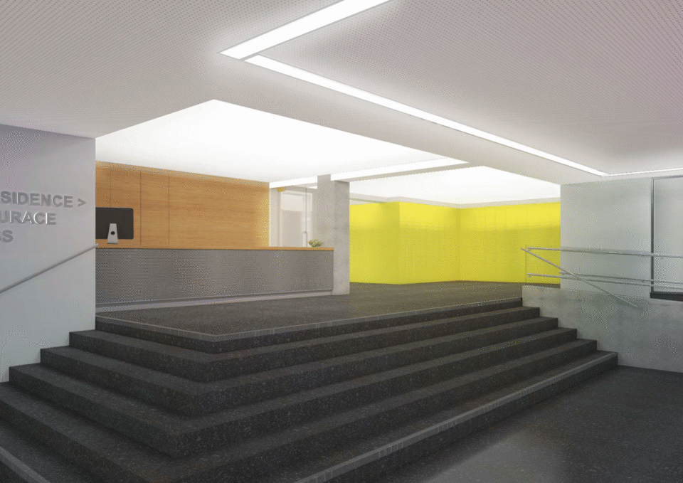 Moderní recepce s širokými schody a elegantním osvětlením vedoucími k žluté stěně v pozadí Prostorný a minimalistický design interiéru s čistými liniemi