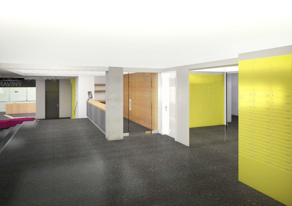 Moderní interiér budovy se světlou recepcí světlé stěny a podlahy Kontrastní žluté stěny a příjemné osvětlení vytvářejí svěží a přívětivé prostředí